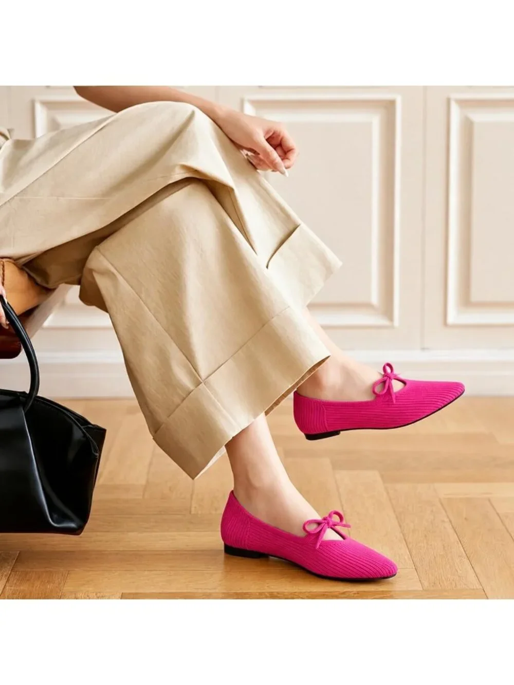 Women's Pink Pointed Toe Knit Ballet Flats Comfortable Pull On Casual Shoes